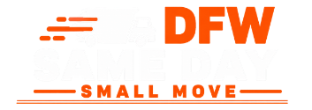DFW Same Day Small Move logo featuring a white moving truck with orange motion lines, bold orange "DFW" text, white "SAME DAY" lettering, and orange "SMALL MOVE" text on a black background.