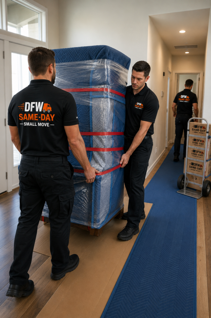 Professional DFW Same Day Small Move movers transporting a shrink-wrapped and padded furniture piece through a residential home hallway in Dallas-Fort Worth, Texas. Movers are wearing branded DFW Same Day Small Move uniforms with company logos on the front chest and back. The furniture is fully protected with moving blankets, shrink wrap, and securing straps while floor protection runners safeguard the home's hardwood flooring during a professional same-day moving service.