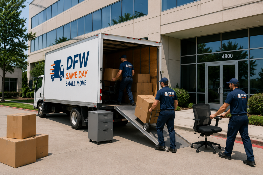 DFW Same Day Small Move movers loading office furniture, desks, and business equipment into a box truck outside a commercial office building in Dallas-Fort Worth, Texas.