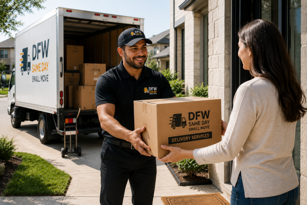 DFW Same Day Small Move delivery driver delivering a furniture and household item package to a customer at a residential home in Dallas-Fort Worth, Texas.