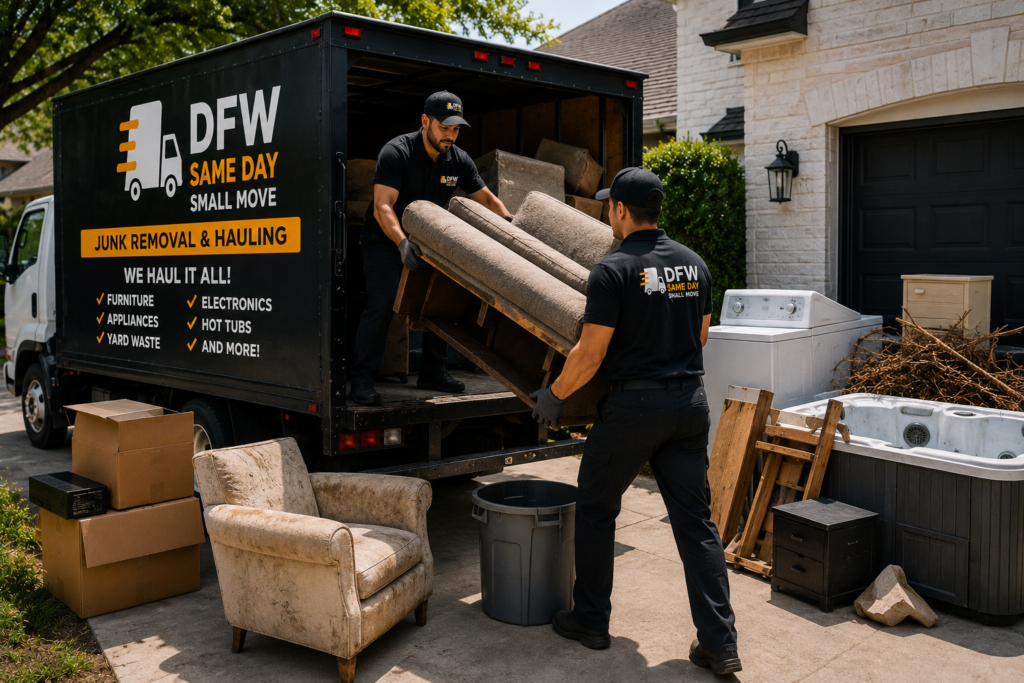 DFW Same Day Small Move junk removal crew hauling away old furniture, appliances, boxes, and bulk household items into a truck in Dallas-Fort Worth, Texas.