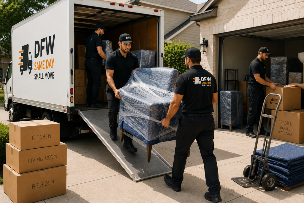 Professional movers loading furniture and moving boxes into a rental truck during a residential move in Dallas-Fort Worth, Texas by DFW Same Day Small Move.