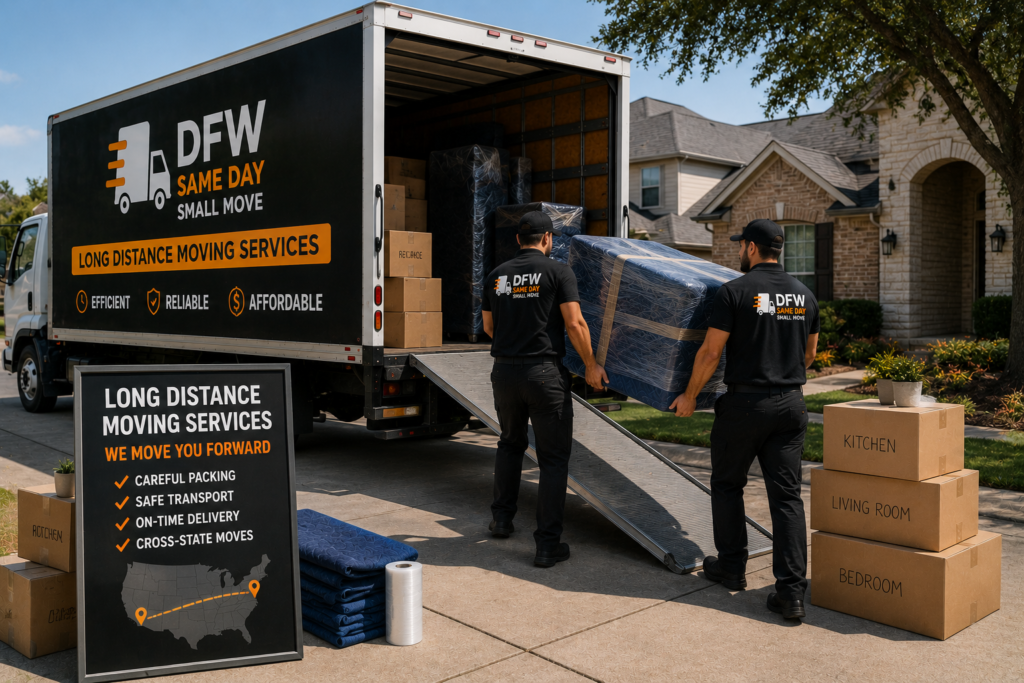 Professional movers loading household furniture and moving boxes into a moving truck for a long-distance relocation in Dallas-Fort Worth, Texas by DFW Same Day Small Move.