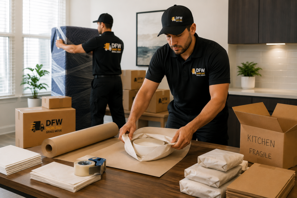 Professional movers providing packing services in Dallas-Fort Worth, carefully wrapping fragile household items and preparing moving boxes for a residential relocation by DFW Same Day Small Move.