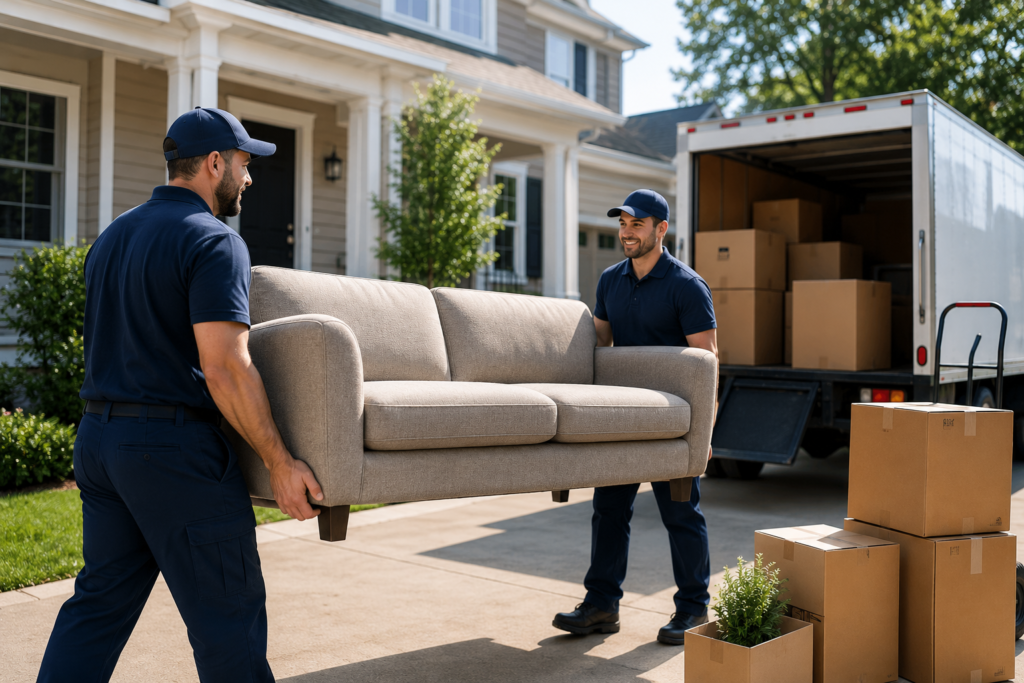 Professional movers carrying a sofa during a residential move in Dallas-Fort Worth by DFW Same Day Small Move. Same-day moving services, apartment movers, condo movers, and local residential moving experts.