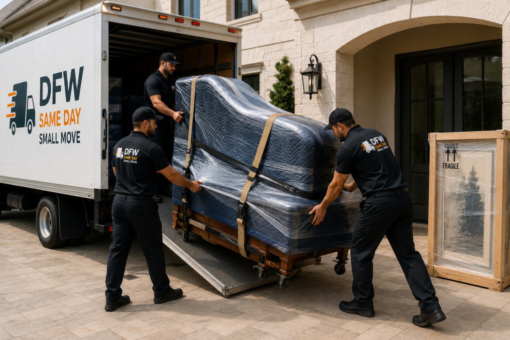 Professional movers carefully loading a grand piano and specialty items into a moving truck during a specialty move in Dallas-Fort Worth by DFW Same Day Small Move.