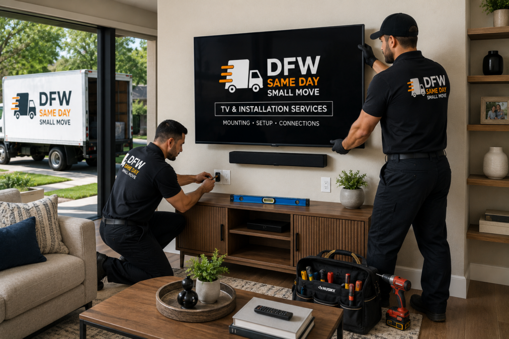 Professional TV mounting technicians installing a flat-screen television in a modern living room in Dallas-Fort Worth, Texas by DFW Same Day Small Move.